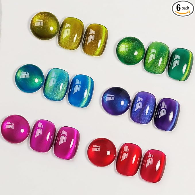MIZHSE Cat Eye Gel Nail Polish Set, 6 Colors Colorful Magnetic Gel Nail Polish with Magnet Stick, Neon Colors Pink Green Yellow Red Cateye Polish Soak Off Nail Art Manicure Home