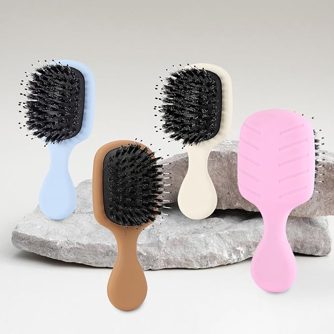 Mini Boar Bristles Hair Bursh, Travel Size Hair Brush for Women Men Kids, Protable Small Hair Brush for Pockets Purses, Mini Detangler Brush for Smooth Add Shine(Mocha)