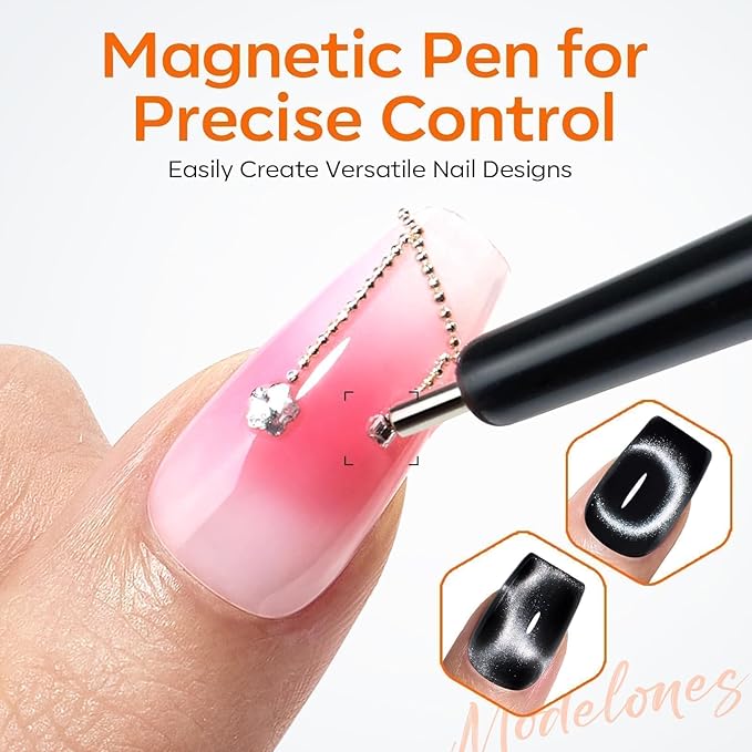 modelones Cat Eye Magnet, 15PCS Cateye Gel Polish Nail Magnet Nail Tools with Black Bead-Attracting Nail Magnet Pen & Heart-Shaped Magnet for Nail Perfect for Home DIY, Nail Art Design