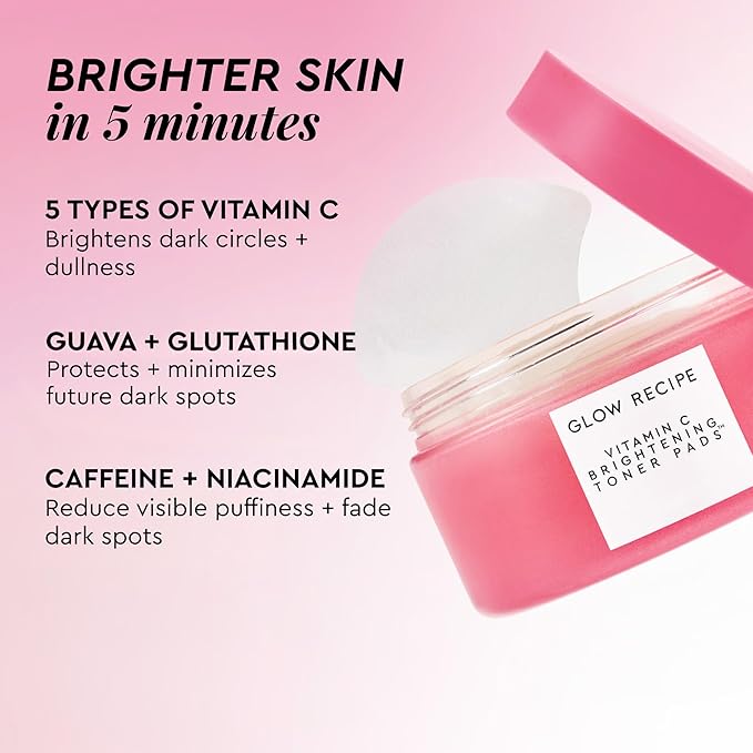 Glow Recipe Vitamin C Brightening Toner Pads - Korean Vitamin C Face Pads for Dark Circles Under-Eye and Cheeks - Light Face Exfoliator - Niacinamide, Caffeine, Guava - Fragrance-Free (60 Count)