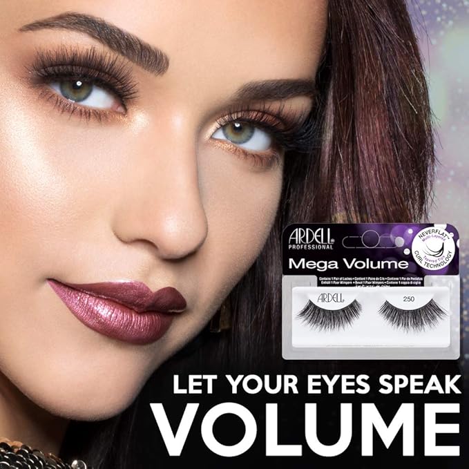 Ardell Mega Volume Lashes False Eyelashes 250 - Human Hair, Dramatic Full Strip Fluffy Wispy for a Glamorous Look, Black, 4 Pairs