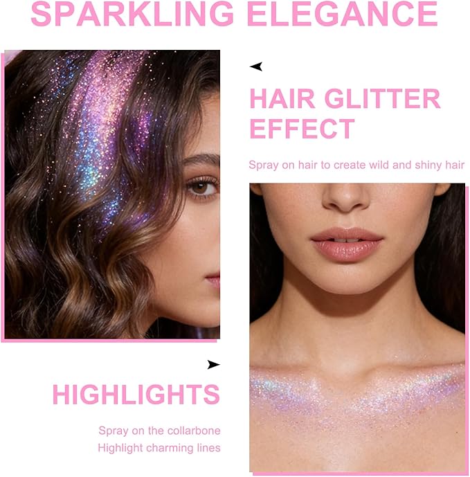 Hair and Body Glitter Spray, Shimmering Powder Sparkle Powder Makeup, Glitter Loose Sparkle Makeup for Body Highlighter,Festival Prom Rave Accessories (Dazzle)