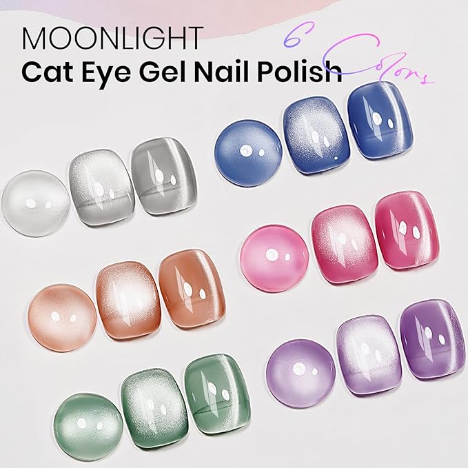 MIZHSE Cat Eye Gel Nail Polish, Moonlight 6 Colors Ceramic Magnetic Gel Polish Set with Magnet Stick, Crystal Silver Pink Green Blue Purple Magnetic French Nail Polish Kit Gift Set