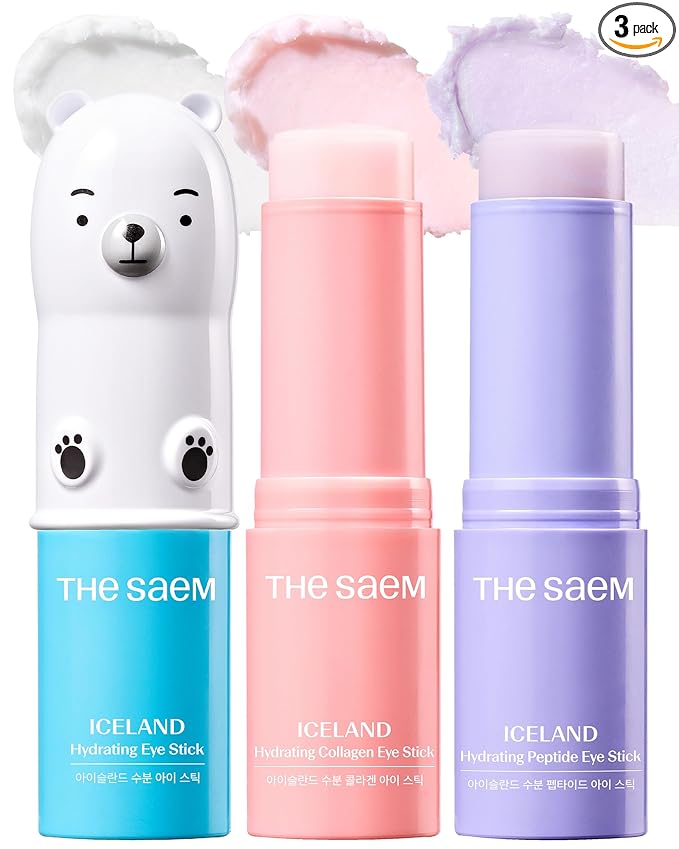THESAEM Iceland Eye Stick Bundle - 3 Pack (Collagen + Peptide + Hydrating) 0.38 oz Each - Complete Under Eye Treatment for Dark Circles, Puffiness & Wrinkles - Anti-Aging Cooling Balm with Niacinamide