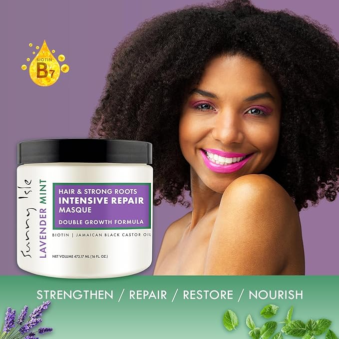 Sunny Isle Lavender Mint Hair & Strong Roots Intensive Repair Masque - Biotin, Jamaican Black Castor Oil - 16 oz