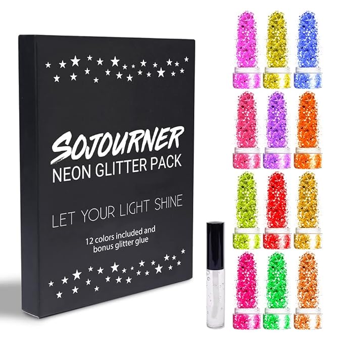 Body Glitter Set for Face & Hair – 12 Neon Colors Chunky Holographic Festival Glitter Makeup with Glue – Rave, Concert, Euphoria Looks, Cosmetic Grade Glitter