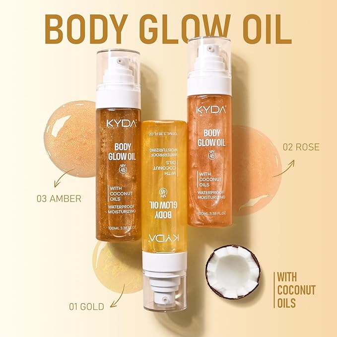 Sunscreen Body Glow Oil, Broad Spectrum SPF 45, Lightweight Waterproof Moisturizing Coconut Shimmer Oil with Gold Mica, Travel Size Summer Sunscreen Skin Illuminator-ROSE, 3.38 fl oz