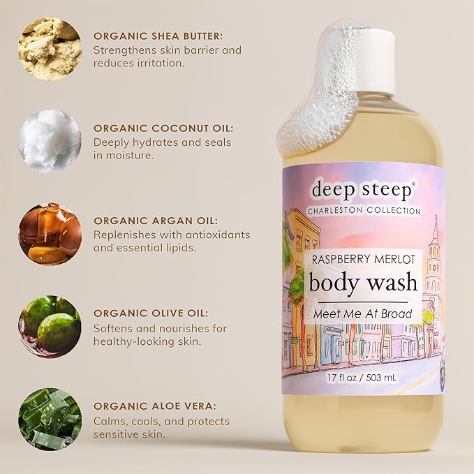 Deep Steep Raspberry Merlot Body Wash, Hydrating Shower Gel with Hyaluronic Acid & Shea Butter for Sensitive Skin, Bodywash for Women & Men, 17 Fl Oz, 1-Pack