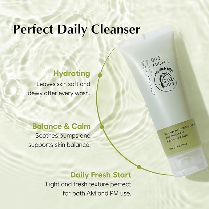 MIDHA RICE LOW PH HYDRATING CLEANSER WITH MUNG BEAN, 5.07fl.oz/150ml,Balanced pH Gel Cleanser, Hydrating, Soothing, Gentle Daily Cleanser, Deep Cleansing, Pore-Purifying, Nourishing Care