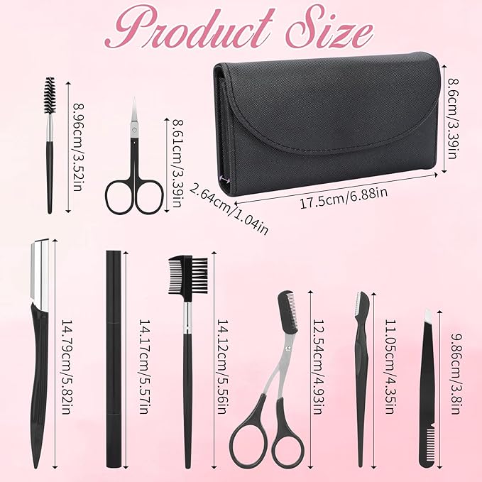 Eyebrow Shaping Grooming Kit Eyebrow Trimming Kit with Razor Eyebrows Scissors Eyebrows Brush for Women & Men (Black, 8Pcs/Set)