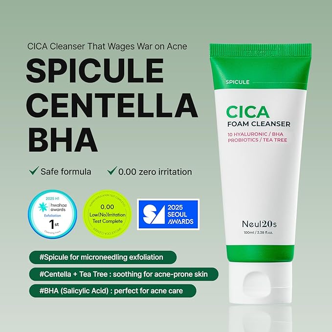 Spicule CICA Foam Cleanser, 3.38 fl oz/100ml | Hydrating Korean Face Wash with Centella Asiatica, Hyaluronic Acid & Tea Tree, Gentle Daily Cleanser for Sensitive & Acne-Prone Skin