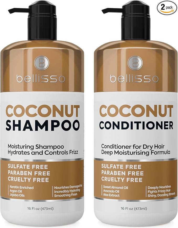 Coconut Shampoo and Conditioner Set - Sulfate Free, Deep Moisturizing, Hydrating, Anti Frizz Formula for Women and Men - Professional Salon Grade - Dry, Damaged Hair Care Products 16 Fl Oz (Set of 2)