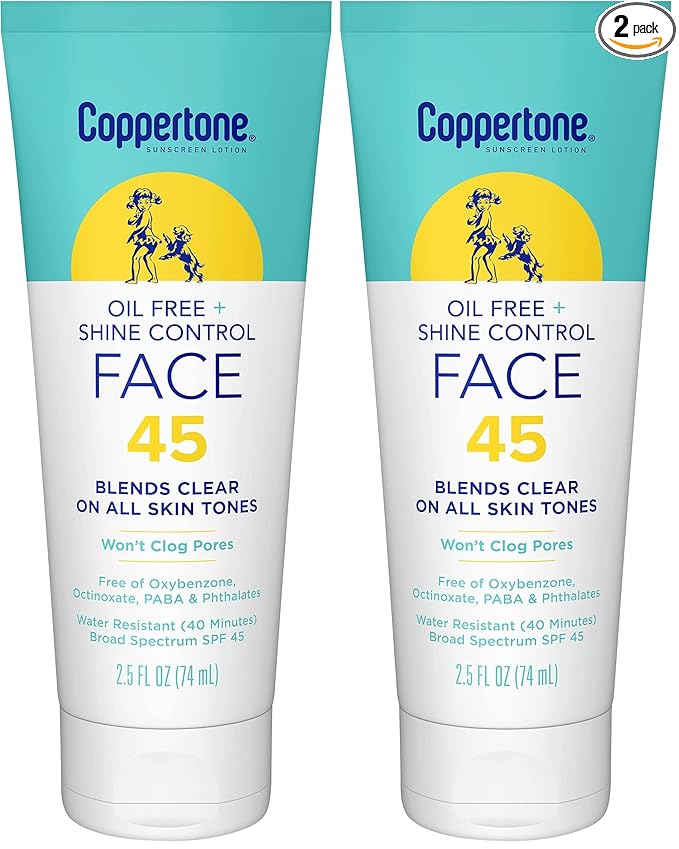Coppertone Oil Free + Shine Control Sunscreen Face Lotion SPF 45,Lightweight Sunscreen for All Skin Tones,Won't Clog Pores,Fragrance Free,2.5 Fl Oz Tube,(Pack of 2)