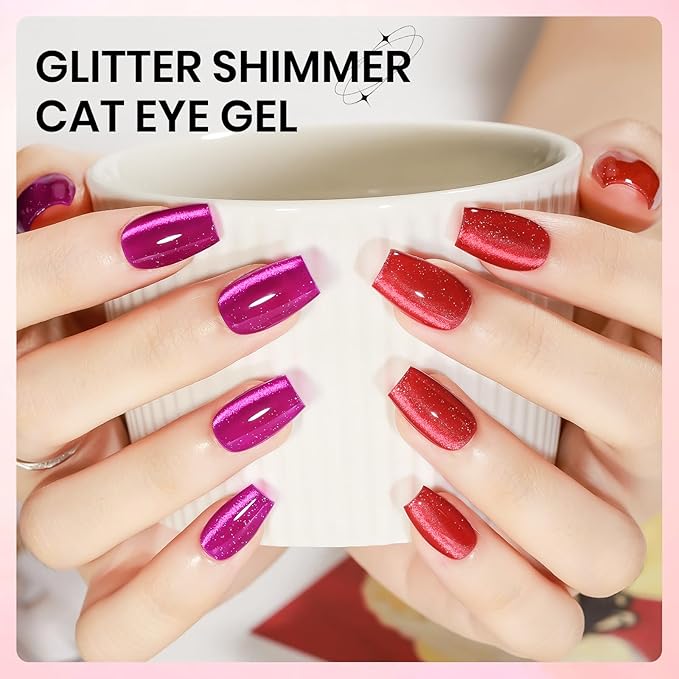2PCS 15ML Cat Magnetic Eye Gel Nail Polish, Red Hot Pink Cateye Gel Nail Polish Holographic Glitter Shimmer Effect with Magnetic Stick Soak Off Salon DIY at Home