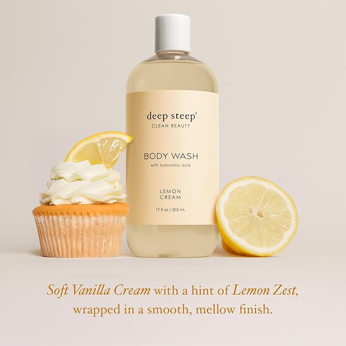 Deep Steep Lemon Cream Body Wash, Hydrating Shower Gel with Hyaluronic Acid & Shea Butter for Sensitive Skin, Bodywash for Women & Men, 17 Fl Oz, 1-Pack