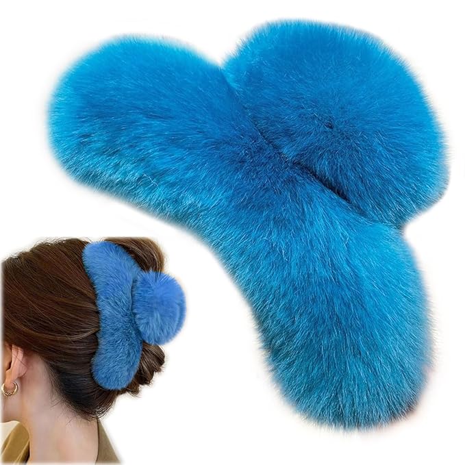 YOYLMAL Large Faux Fur Hair Claw Clip for Women, 5.1 Inches Winter Fluffy Fuzzy Hair Clips, Nonslip Strong Hold Furry Big Jaw Clamp for Thick Long Hair (Blue)