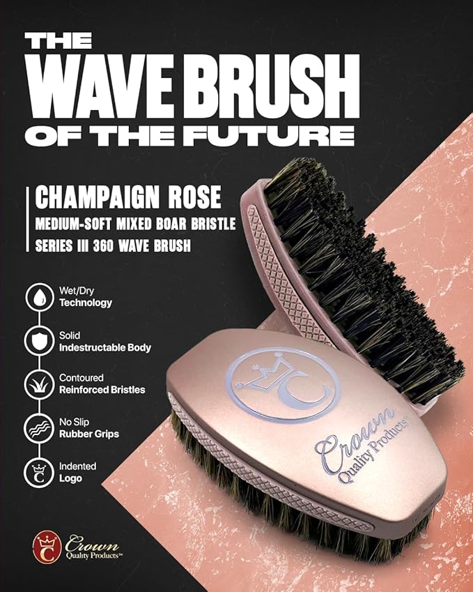New Champagne Rose MEDIUM-SOFT 360 Wave 2.0, Boar Bristle Hairbrush - Non-Slip Grips, Indestructible Body, Waterproof, Debossed Logo - The Ultimate Curved 360 Wave Brush by Crown Quality Products
