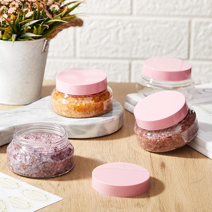 Tessco for you 24 Pack Plastic Jars with Lids Labels Multiuse Slime Containers Empty Body Scrub Jars Round Refillable Cosmetic Body Butter Container for Makeup (5 oz,Clear,Pink)