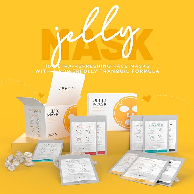 BRÜUN Peel-Off Jelly Mask Rubber Mask - 5 Treatments BHA AHA (Black Gold Salicylic AC, Red Gold Lactic AC, White Gold Glycolic AC, 24k Gold Mandelic AC, Hyaluronic AC) - 2 Packs of Each