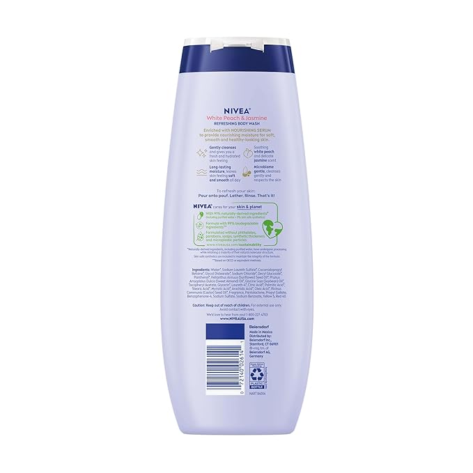 NIVEA Refreshing White Peach and Jasmine Body Wash with Nourishing Serum, Scented Body Wash for Women, Enriched with Provitamin B5 and Vitamin E, 20 Fl Oz Bottle