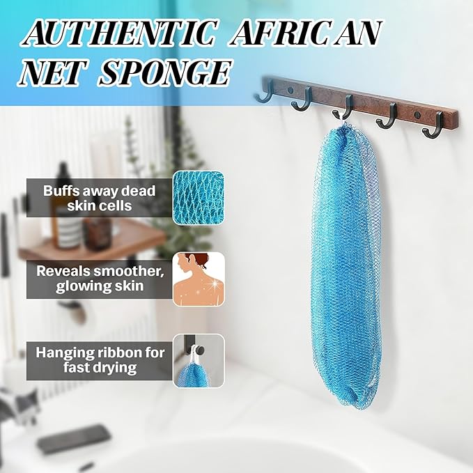 African Net Sponge Authentic Exfoliating Body Scrubber for Shower & Bath, Deep Cleansing Lather for Dead Skin Removal, Back Scrubber Gift for Women & Men（ Blue ）