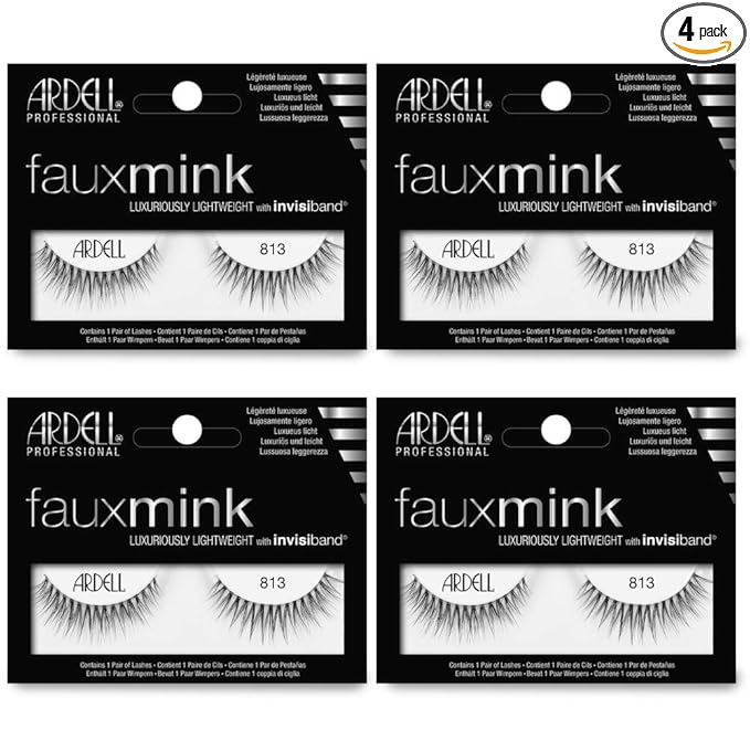 Ardell Faux Mink Lashes 813 - Black, Lightweight Wispy False Eyelashes with Natural Volume, Reusable Strip Lashes, 4 Pack
