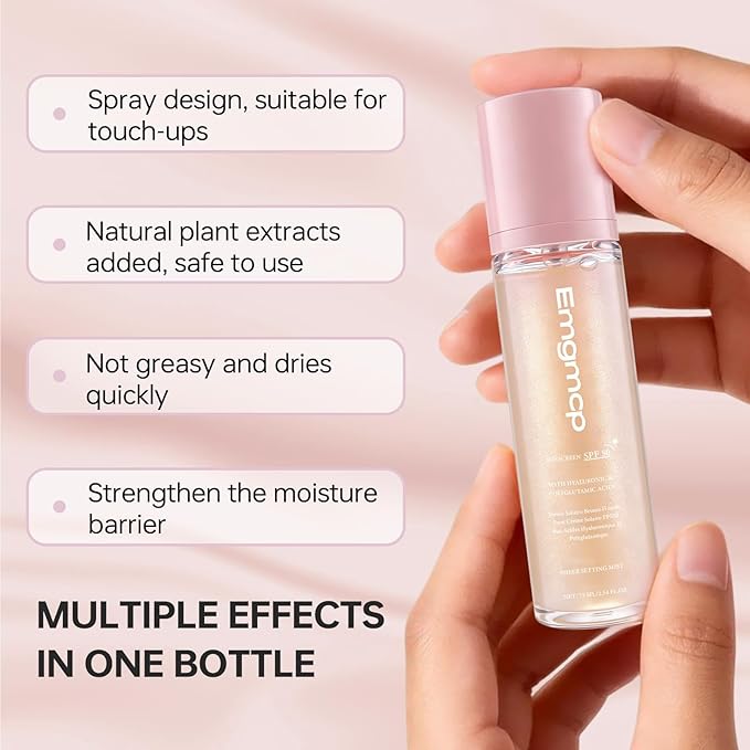 Sheer Setting Mist Sunscreen SPF 50, Broad Spectrum Shimmering Body Oil Mist for Face & Body, Hydrating Makeup-Friendly, Reef-Safe, Non-Greasy & Weightless Fast Drying for Dewy Finish (1pc)