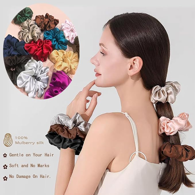 SALE! 16 Momme Pure Mulberry Silk Hair Scrunchies and Ties for Women Girls - Sleep and Daily Use - Curly, Thick or Thin Hair - Black and Brown (3 Pack)