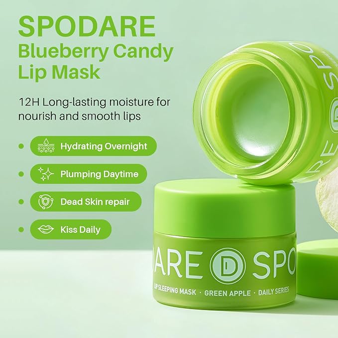 SPODARE Sleeping Lip Mask Green Apple - Repair for Dry Cracked Lips, Infused with Vitamin C and Shea Butter, Lip Mask Nourish and Revitalize Overnight, Wake to Softer, Smoother, Glow Lip - 12g
