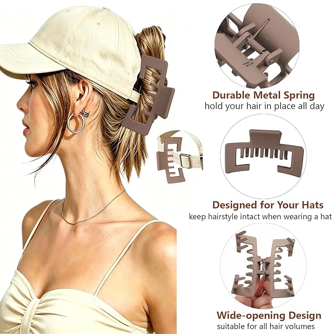 4 Pcs Large Hats Claw Clips for Women, Hat-Friendly Hair Clips for Trucker Hats and Baseball Caps, Matte Non-Slip Strong Hold Hair Claw Clips for Thick Thin Hair