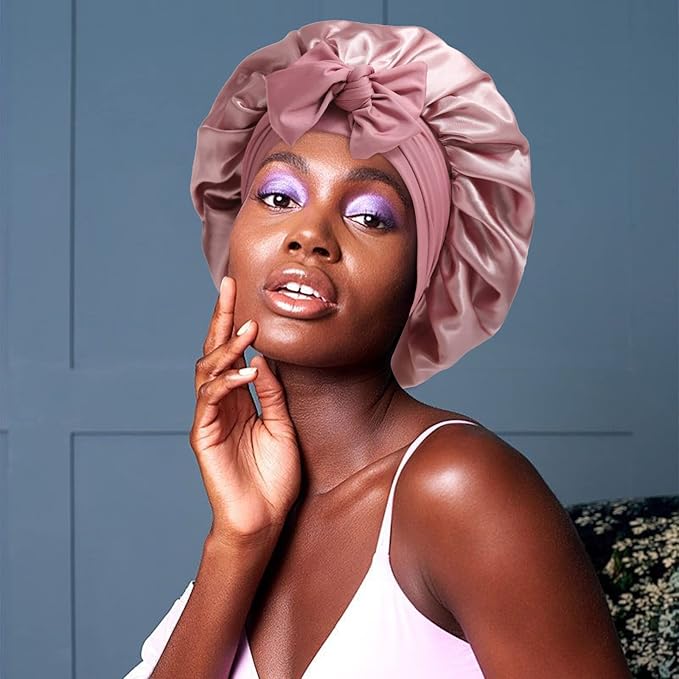 Satin Bonnet for Women - Tie Band Hair Bonnet Large 2 Layered Silk Sleeping Cap Nightcap with 3PCS Hair Scrunchies (Dust Rose)