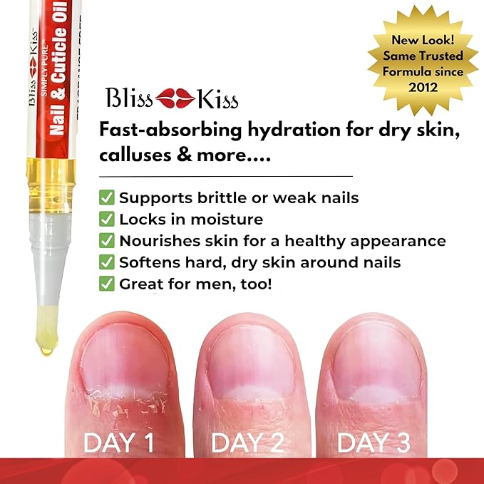 Bliss Kiss Fragrance Free Nail Oil Cuticle Pen with Vitamin E & Jojoba - Nail Strengthener Nail Growth Serum for Brittle Peeling Breaking Thin Nails