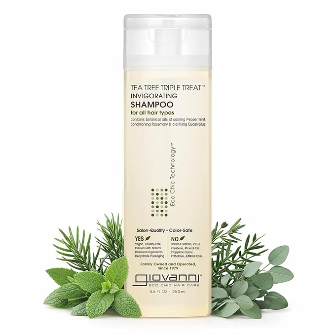 GIOVANNI Tea Tree Triple Treat Invigorating Shampoo - Cooling Peppermint, Eucalyptus & Rosemary, Helps Strengthen & Rejuvenate Hair & Scalp, Salon Quality, Paraben Free, Tea Tree Shampoo - 8.5 oz