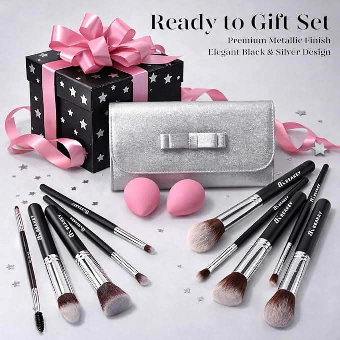 BEAKEY Makeup Brushes Set Premium Foundation Concealer Blush Bronzer Eye Shadow 10+2 PCS Brushes & Blender Sponges with Portable Makeup Bag