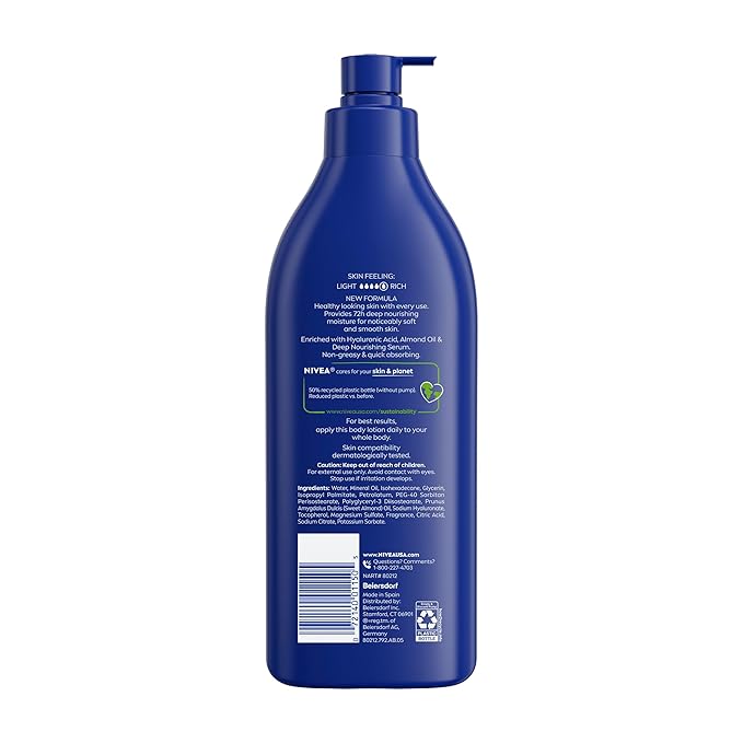 NIVEA Essentially Enriched Body Lotion for Very Dry Skin with Hyaluronic Acid, Almond Oil and Deep Nourishing Serum, 72-Hour Body Moisturizer, 16.9 Fl Oz Pump Bottle