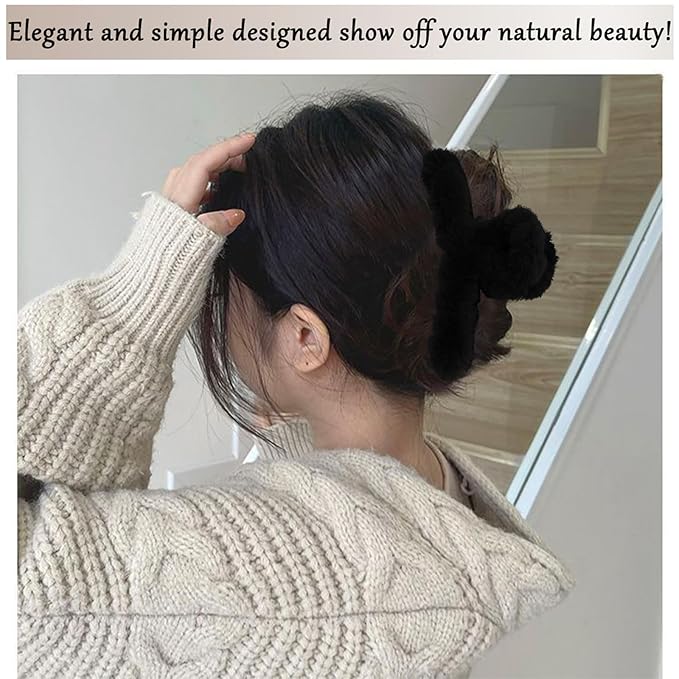 2Pcs Fuzzy Hair Clips Plush Hair Clamp for Thick Thin Hair, Large Nonslip Faux Fur Hair Claw Clips Cute Hair Clips for Women（Black, Light Brown）