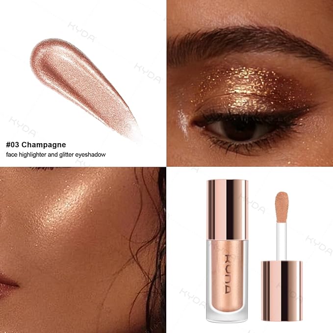 KYDA Liquid Glitter Eyeshadow, High Pigment Champagne Metallic Glittery Eyeshadow, Soft Lightweight Creamy Formula, One-Swipe Coverage, Long-wearing Crease-Resistant Eyes Glitter Makeup, 0.25oz