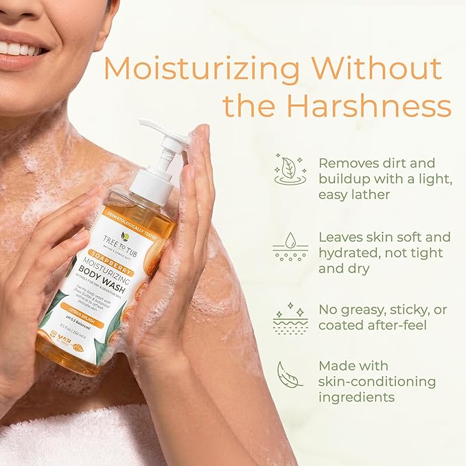 Tree To Tub Citrus Body Wash for Dry Skin & Sensitive Skin - pH Balanced Moisturizing Body Wash, Hydrating Sulfate Free Body Soap for Women & Men w/Organic Shea Butter, Aloe Vera, Natural Soapberry