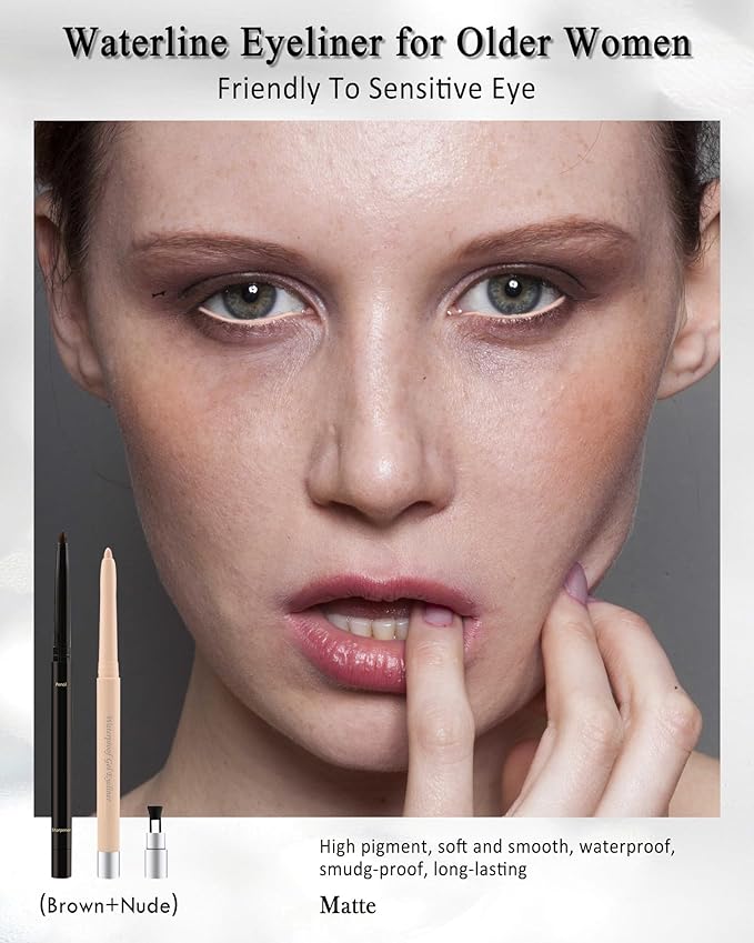 Brown+Nude Waterline Eyeliner Pencil, Cream Gel Eye Liner Pencils for Older Women,Waterproof Smudge-Proof Long Wear Retractable Eye Liner Pen with Sharpener, Waterline Eyeliner for Sensitive Eyes-2Pcs