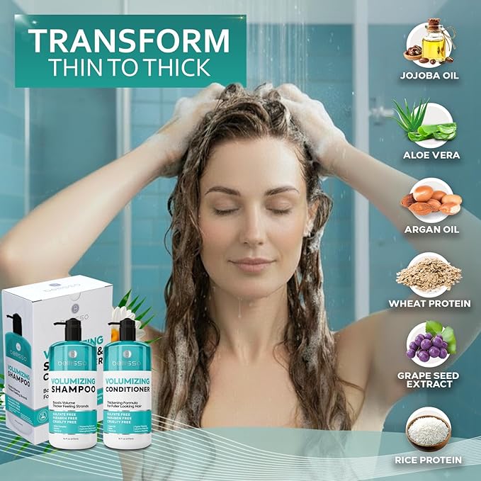 Volumizing Shampoo and Conditioner Set - Sulfate Free, Thickening Formula for Fine and Thin Hair - Volume Boost, Professional Salon Hair Care for Men and Women - 16 Fl Oz (Set of 2)