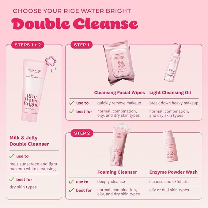 THE FACE SHOP Rice Water Bright Milk & Jelly Double Cleanser, 2-in-1 Makeup Remover & Face Wash, Hydrating, Moisturizing, Korean Skin Care, Vegan, 6.4 fl. oz.