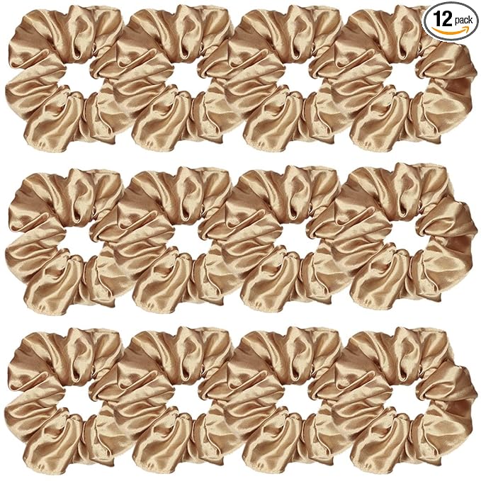 12 Pcs Satin Silk Scrunchies Hair Ties Fashion Hair Bands Hair Bows Elastic Bracelets Ponytail Holders Accessories for Women and Girls (4.5 Inch, Light Brown)