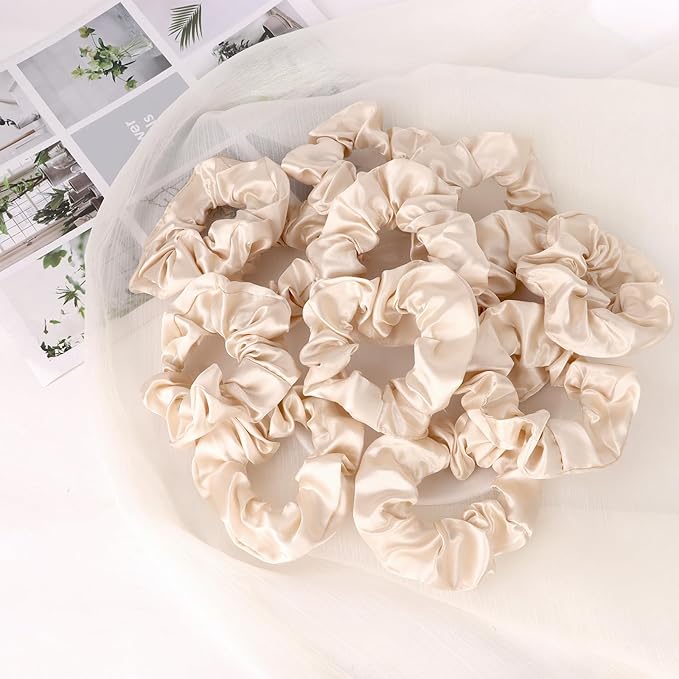 Silk Satin Scrunchies for Women Girls 12 PCS Ivory White Hair Scrunchies Silk Satin Hair Ties for Thick Hair Bulk Hair Ties Hair Accessories