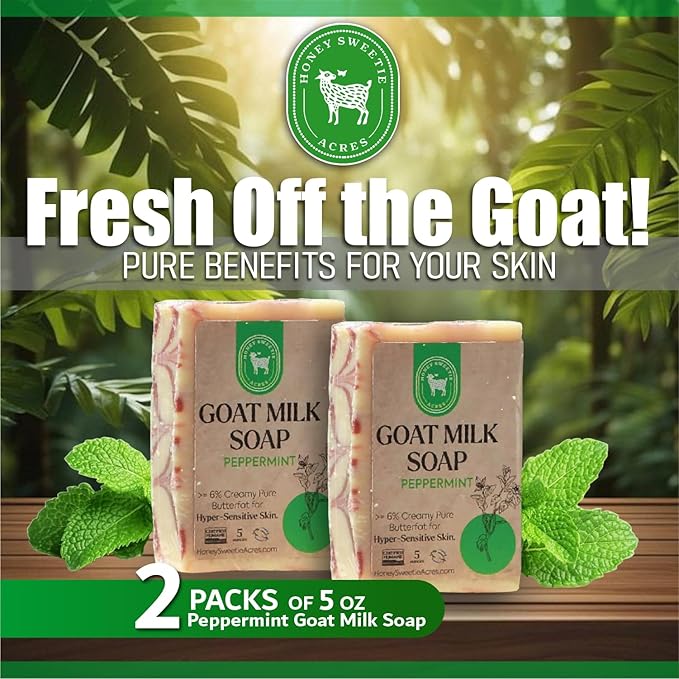 Honey Sweetie Acres 2-Pack Peppermint Goat Milk Soap - Handmade 5 oz Bar, Made with Natural Ingredients, Moisturizing & Gentle, Made in the USA