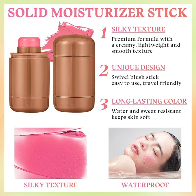 3PCS Blush Stick for Cheeks,Multi-use Solid Matte Makeup Stick Blush Cream for Cheek Eyes and Lips Tint,Moisturizing Tinted Cream Blush,Natural Blendable Cheek Blusher with 3 Makeup Sponges A1