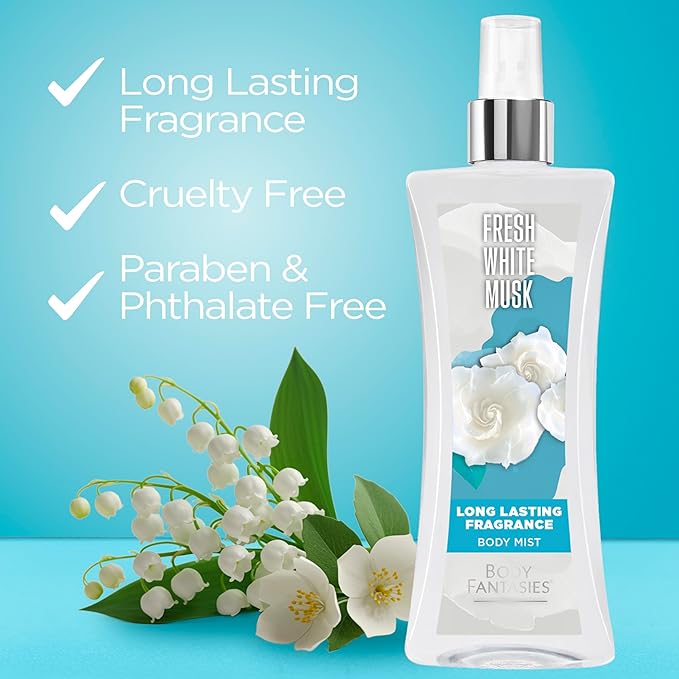 Body Fantasies Signature Fragrance Body Spray, Fresh White Musk, 8 fl oz (Pack of 2)