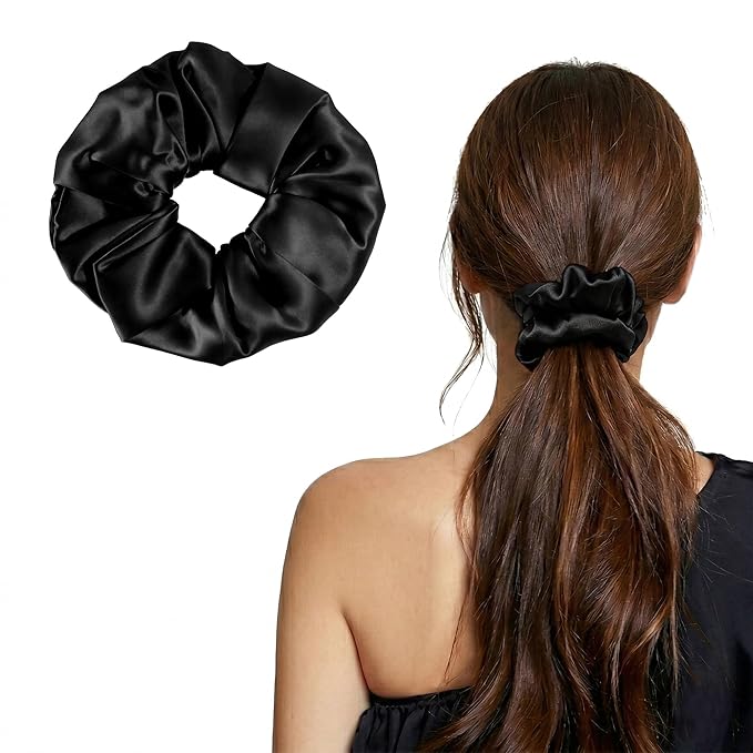 ZLYC 100% Mulberry Silk Hair Tie Scrunchie 19 Momme Gentle Creaseless Dent-Free Ponytail Holder for Women, 6cm Solid Black