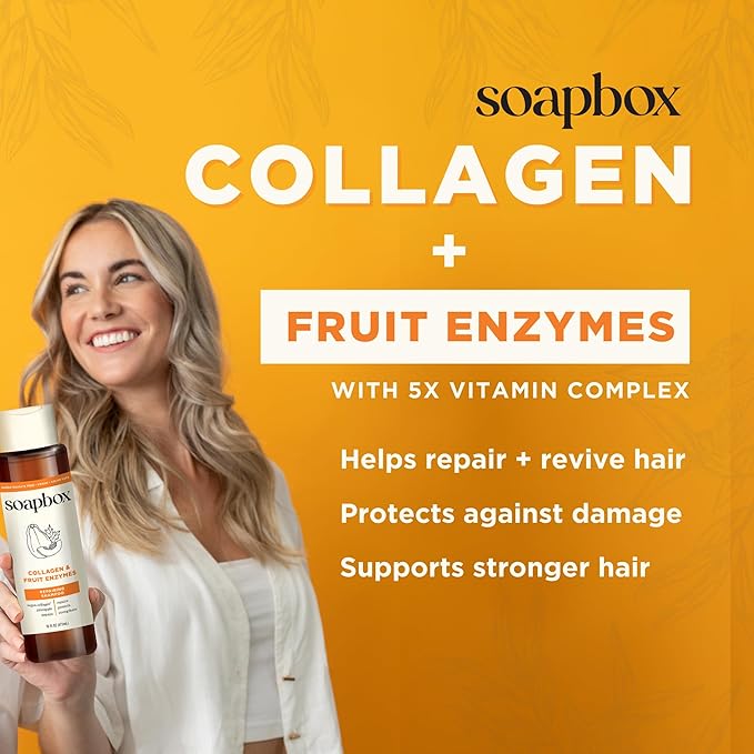 Soapbox Collagen & Fruit Enzymes Shampoo & Conditioner Set, Protects, Repairs & Strengthens Hair - Clean Ingredients Free of Harsh Chemicals, Sulfates, Parabens & Silicones - 16 oz Each