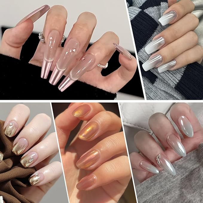 Chrome Nail Powder Set, 6 Color Gold Silver White Chrome Glitter Metallic Mirror Effect for Nalis Pearlescent Nail Art Holographic Pigment Dust Kit for Gel Polish Decoration Manicure Supplie