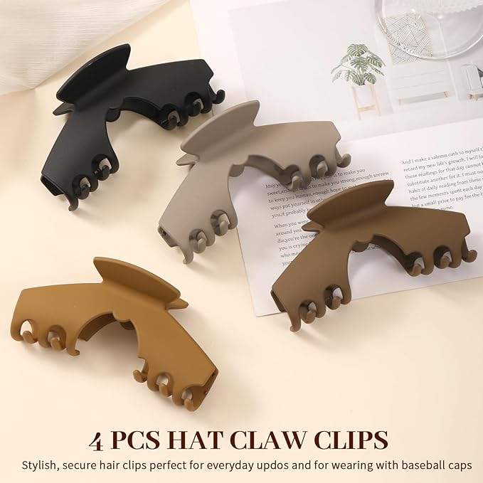 4 PCS Hat Claw Clip for Women - Hat-Friendly Claw Clip for Baseball Caps, Adjustable Trucker Hat Hair Clips for Thick Thin Hair, Large Hat Claw Clips for Gym Beach Holiday Outing, Brown